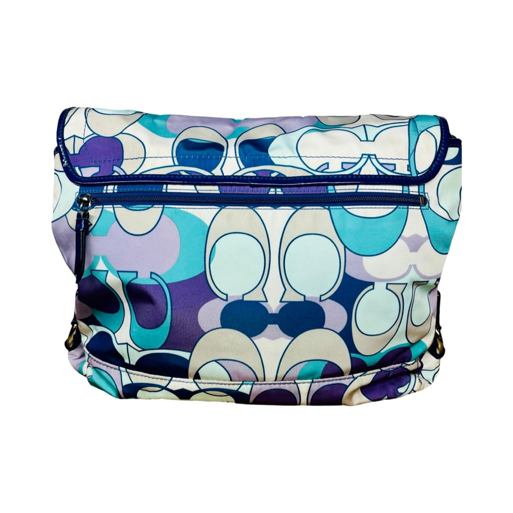 EUC Coach Kyra Daisy Scarf Signature Nylon Crossbody Messenger Blue Purple/COA - Picture 2 of 11